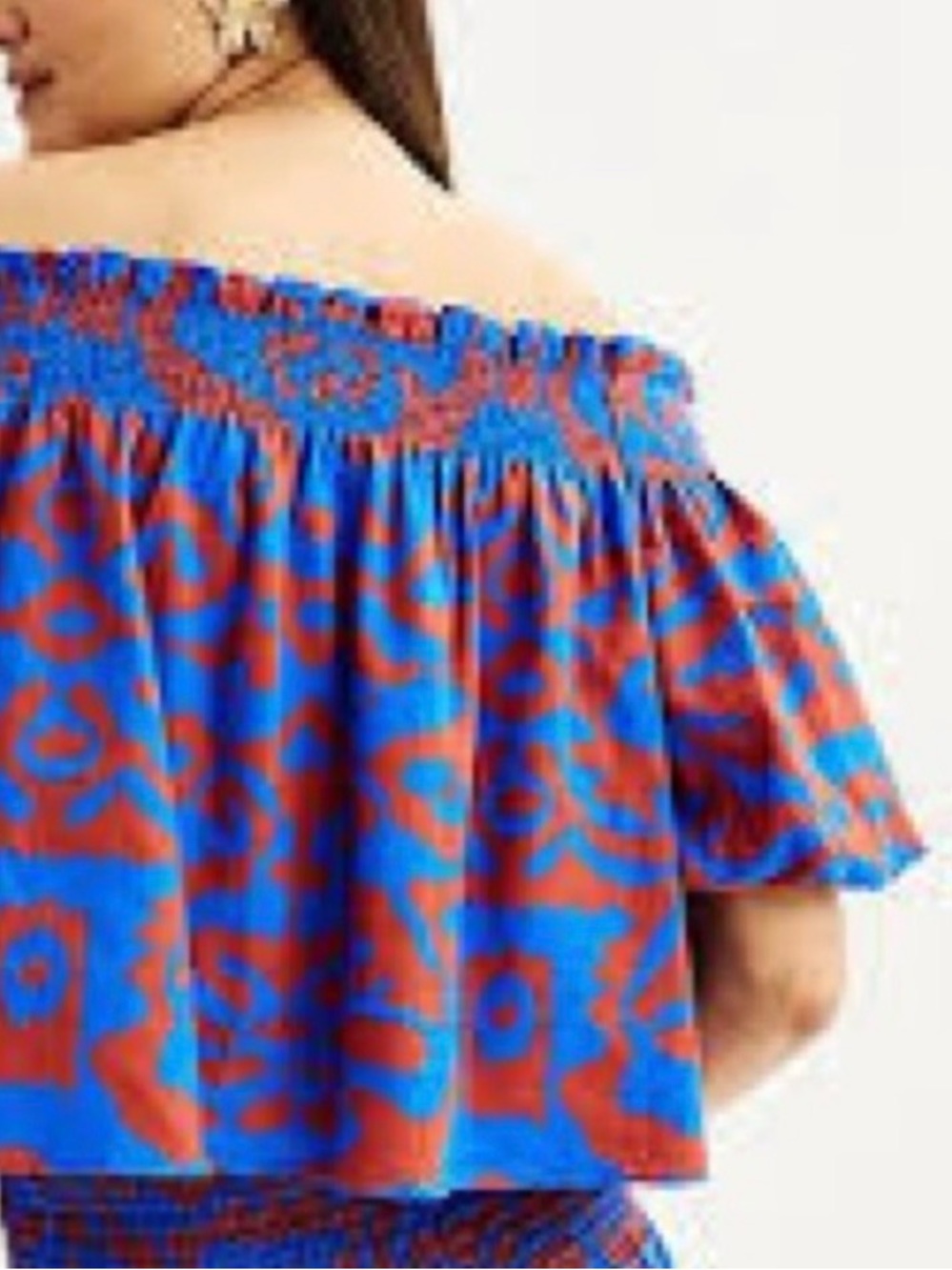 Nine West Blue and Rust Off-the-Shoulder Crop Top